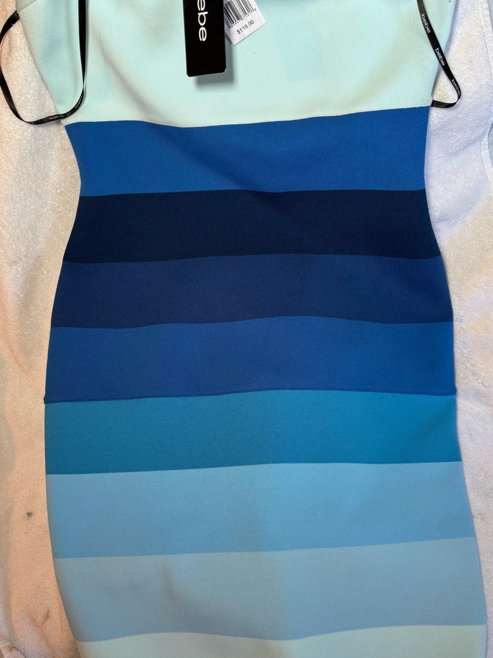bebe Strapless Ombre Blue Stripe Bodycon Dress